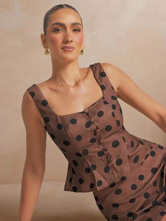 L'Amorae Women Brown Polka Dot Pleated Low Scoop Neck Sleeveless Vest Vintage