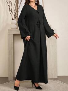 Al Najma 女士优雅宽松舒适蝴蝶结竹结亚麻长裙女装 - 黑色 - 查看 3