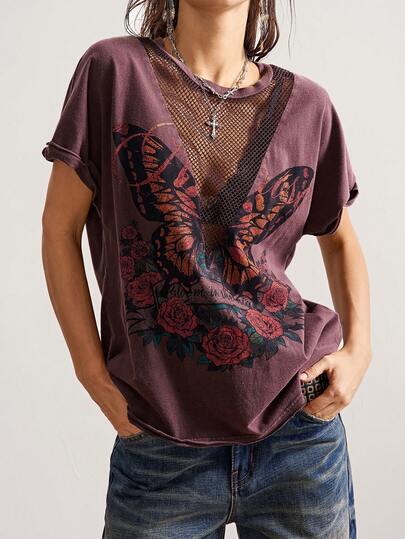 Bohemela 波西米亚风休闲玫瑰与蝴蝶图案针织拼布网眼镂空短袖宽松女士T恤