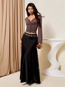 Lyxana Women's V-Neck Flared Sleeve Ruched Slim Fit Elegant T-Shirt - Coffee Brown - View 5