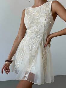 Firerie Women's Floral Textured Round Neck Sleeveless Elegant Contrast Mesh Dress,Mother's Day,Patchwork Tulle Dress, Princess Dress, Birthday Dress, Party Dress, Wedding Season, White Dress Embroidered Dress,Graduation,Prom,Country,Summer Dresses For Women - Apricot - View 11