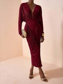 Zivah 2025 Autumn New Arrival Music Festival, Easter, St. Patrick's Day, Western, Nomadic, Birthday Party, Graduation, College Style, Student, Daily Casual, Basic Versatile, Leisure, Cruise Travel, Beach, Sunbathing, Viral , Streetwear, Wedding Guest Boho, Commute, Brunch, Airport, Long Sleeve V-Neck Ruched Waist Maxi Dress, Textured Glossy Fabric, Brown - Burgundy - View 1