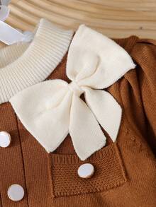 SHEIN Baby Girls Sweater Co-Ords, Cute 3D Bow Ruffle Trim Knit Sweater Set, Loose Versatile Cardigan + Skirt 2 Pieces Outfit, Long Sleeve Knitted Sweater Set, Suitable For Daily Wear, Travel, Outings In Autumn/Winter Autumn And Winter Two Piece Suit Baby Girl Clothes Brown Baby Girl Dress Baby Girl Clothes Spring Fall Baby Girl Dress Preppy Two Piece Set - Brown - View 4