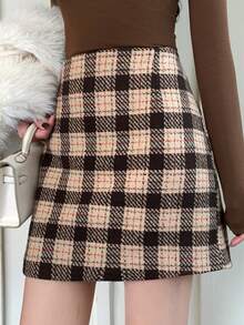 DAZY Women's Houndstooth High Waist Casual Versatile Skirt, Autumn/Winter - Coffee Brown - View 2