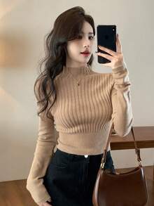 DAZY 女式高领短款休闲套头衫 - 咖啡棕 - 查看 5
