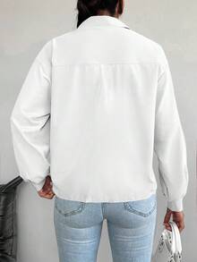 Rafferiza 女式纹理棉质宽松落肩短袖衬衫，春秋季 - 白色 - 查看 2