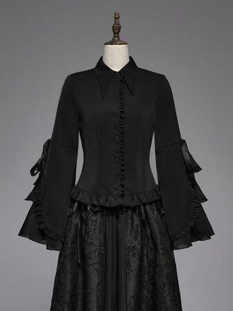 Vintage Gothic Stil Mehrschichtige ausgestellte Rüschenärmel Bindegürtel Damen Bluse