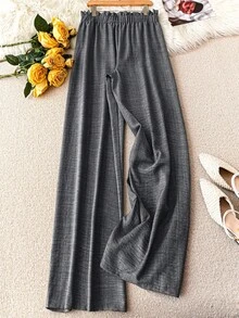 SHEIN DreamScene Plus Size Women's Solid Color Frill Waist Tie Wide Leg Loose Pants - Dark Grey - View 2