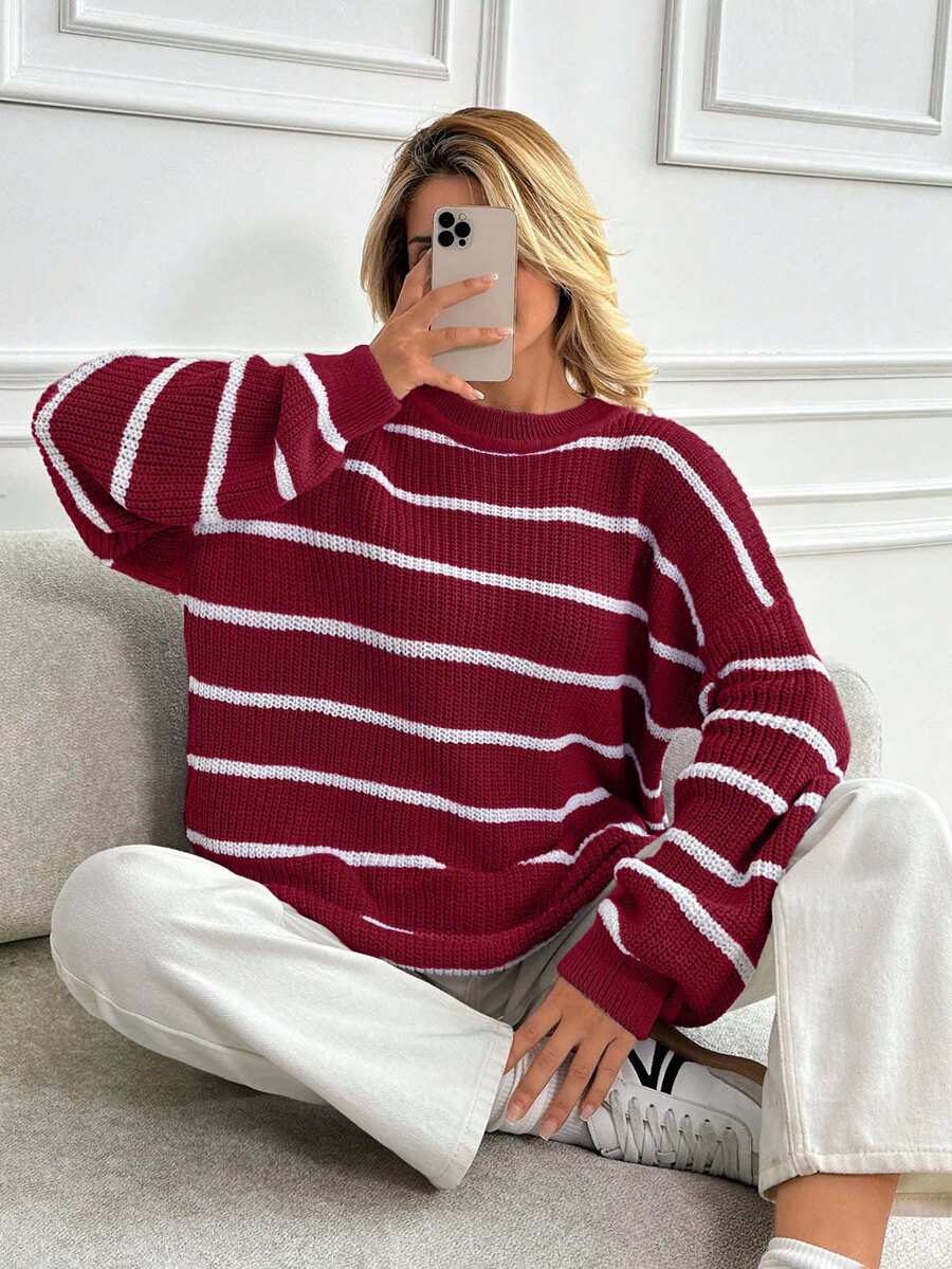 EURMUSE Casual Contrast Color Striped Loose Fit Sweater, Autumn/Winter - Burgundy - View 1