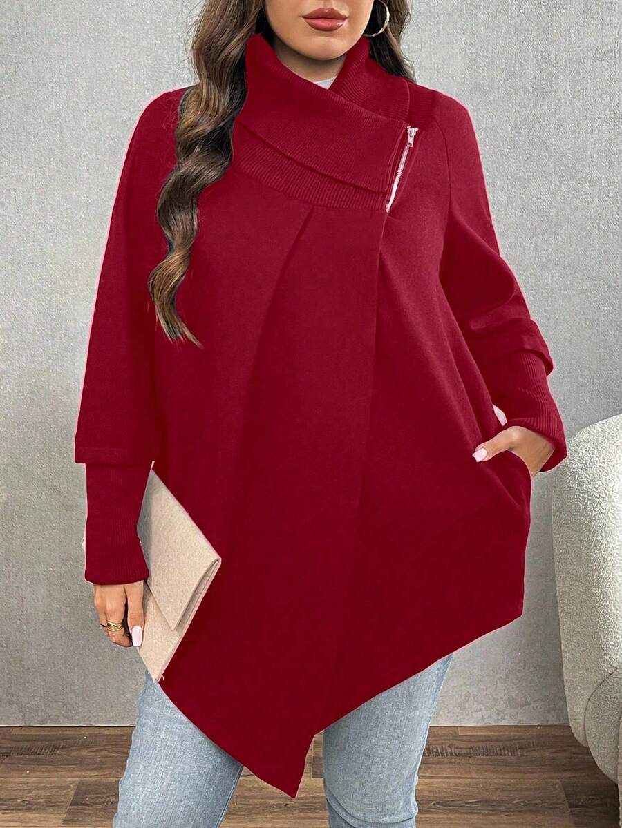 EMERY ROSE Christmas Plus Size Casual Solid Color Asymmetric Hem Woolen Coat, Autumn/Winter - Burgundy - View 1