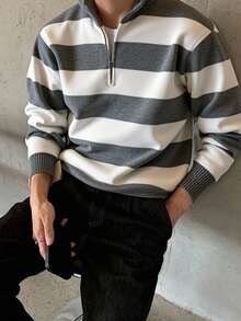 Claim Dot 新款秋冬圆领半拉链长袖运动衫，灰色和白色 - 灰色 - 查看 1