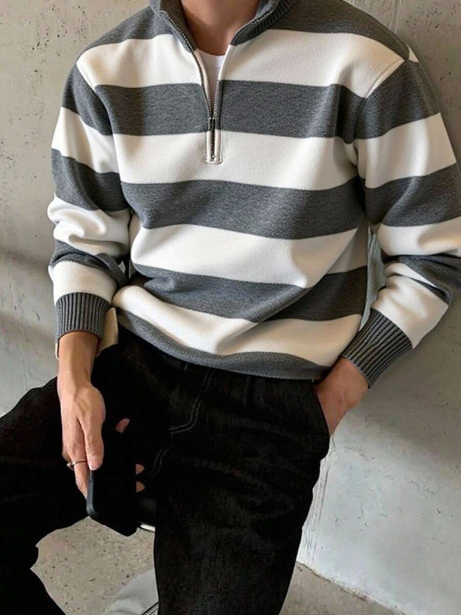 Claim Dot 新款秋冬圆领半拉链长袖运动衫，灰色和白色 - 灰色 - 查看 1