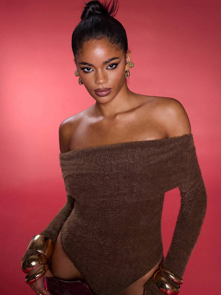 Normani Bodyduit de cuello alto acanalado con hombros descubiertos de manga larga para otoño/invierno para mujeres - Marrón - Ver 1
