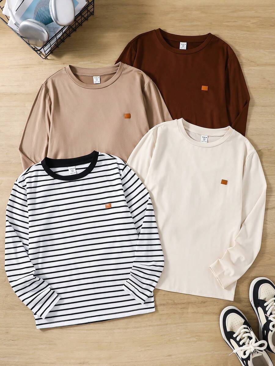 Camiseta básica de cuello redondo informal para niños preadolescentes - Marrón - Ver 1