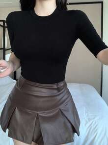 DAZY 女士纯色圆领休闲上衣，日常穿着 - 黑色 - 查看 7