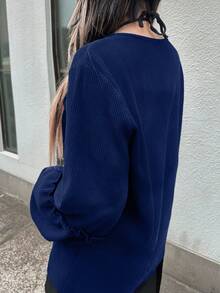 FRIFUL 女士休闲纯色荷叶边长袖T恤 - 藏蓝色 - 查看 4
