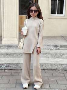 SHEIN Serisse Kids Tween 女童宽松复古简约百搭纯色针织高领罗纹长袖T恤阔腿裤两件套，适合秋冬基础打底装，女童纯色长袖两件套，高领两件套 - 卡其色 - 查看 4