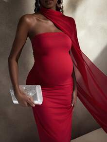 Cheriluna Maternity 孕妇写真礼服，无肩带褶皱珍珠雪纺飘逸长裙，正式/圣诞派对/红色/优雅连衣裙 - 酒紅色 - 查看 6