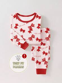 1set Baby Girls' Pink Bow & Letter Print Crew Neck Long Sleeve Snug Fit Pajama Set, Suitable For Christmas Gift