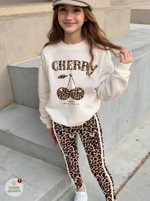 SHEIN Tween Girl Leopard Print Cherry Pattern Sweatshirt And Leggings 2-Piece Set,White,Autumn,Cute,School,Back-To-School,Vintage American Collegiate Vibe - Multicolor - View 2