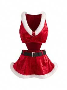 3 件套红色圣诞主题女士服装（上衣、迷你裙、腰带） - 紅色 - 查看 7