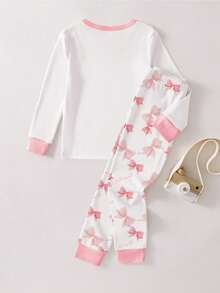 1set Young Girls Butterfly & Letter Print Snug Fit Pajama Set, Long Sleeve Top And Pants, Pink, Autumn/Winter Bow Pajamas Toddler Sleepwear Pj Sets For Girls Bow Pjs  Snug Fit Tight Fit Pajamas - White - View 2