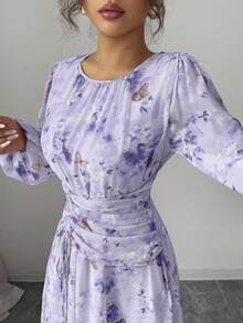 Modelyn Women's Summer Chiffon Butterfly Print Ruched Round Neck Long Sleeve Dress Lavender Dress Women Lilac Dress Long Sleeve Purple Dress Purple Floral Dress Women Purple Butterfly Dress - Purple - View 3