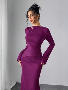 Modelyn 女式纯色荷叶边喇叭袖修身优雅连衣裙 - 中紫紅色 - 查看 6