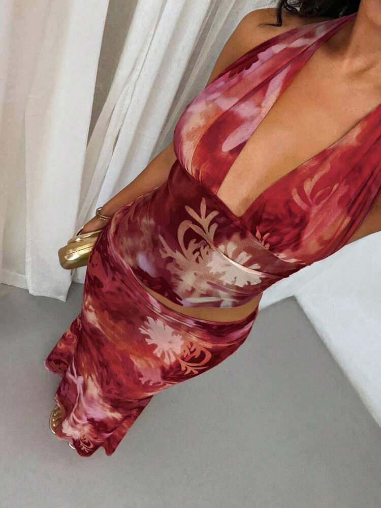 Glamine Conjunto de 2 piezas de verano con estampado gráfico floral de "Vacay Vibes" para mujer, top corto con cuello de halter y lazo, y falda con volante asimétrico, en colores coral, rosa, con elementos de océano y estampados florales aleatorios, ropa de mujer para otoño y vuelta al colegio - Burdeos - Añade 1