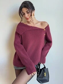 Firerie Women's Asymmetric Off-Shoulder Metallic Button Long Sleeve Sweater, Convertible High Neck & Off-Shoulder Design, Burgundy Loose Fit Knit Pullover, Holiday Sweater, Suitable For Christmas, Autumn/Winter, Elegant, Work, Sexy, Casual, Festive,Cozy Fall And Winter Clothes For Women,New Year Clothes - Burgundy - View 3