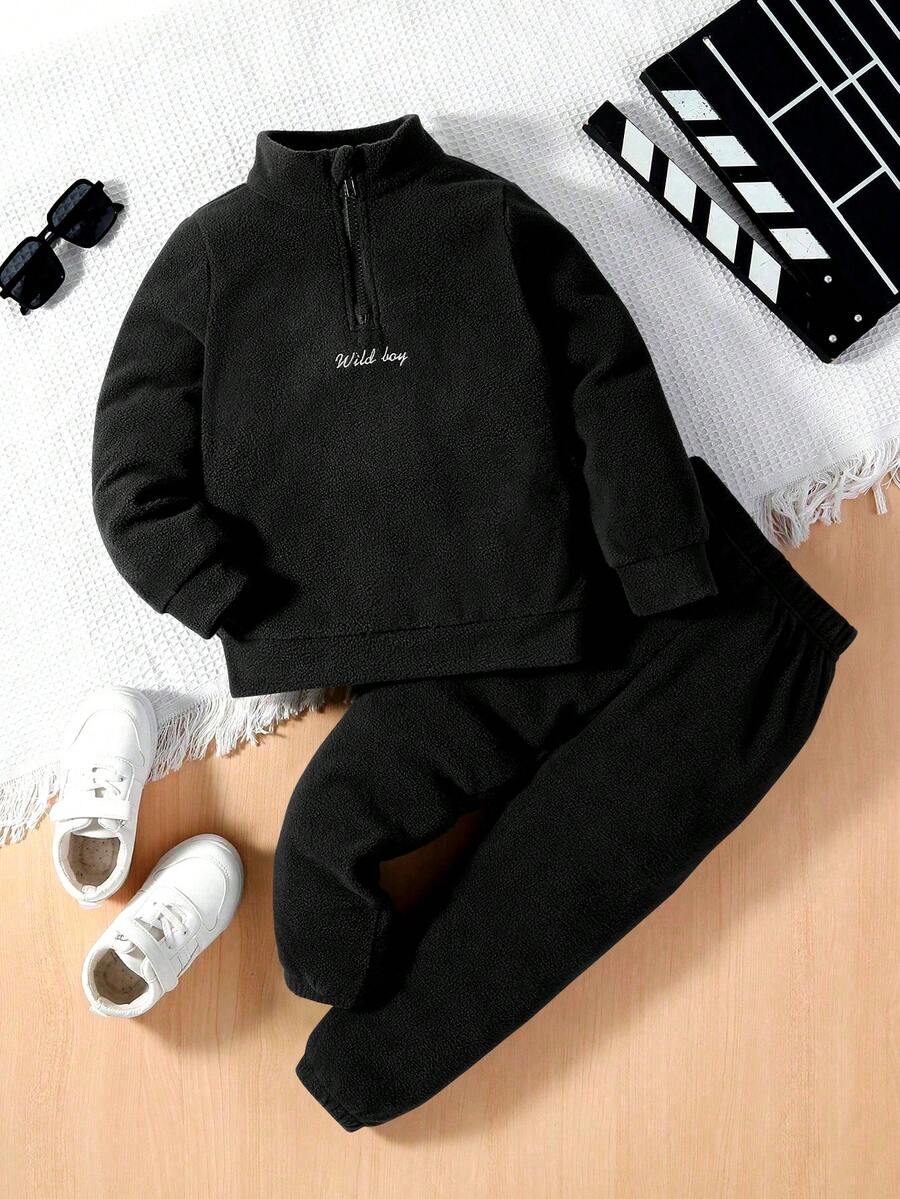 SHEIN 2 件套男童休闲字母刺绣拉链连帽衫和裤子套装,秋季 - 黑色 - 查看 1