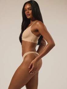 MUSERA ESSENTIALS V Plunge Adjustable Strap Bra And High Leg Thong Multipack Set Autumn Lounge Winter Fall Underwear Everyday Essential Spring Summer Vacation Holiday - Apricot - View 3