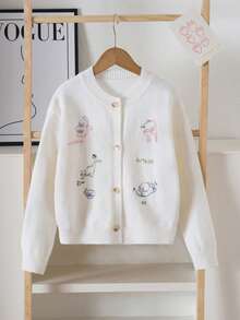 SHEIN 女童可爱猫咪刺绣纽扣开衫，秋冬季爱猫人士圣诞学院风开衫，可爱毛衣 - 白色 - 查看 8