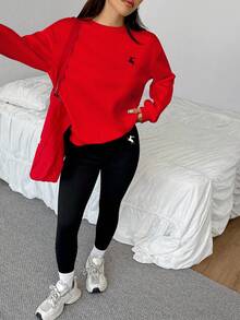 SHEIN EZwear 2 peças/Conjunto Moletom de Gola Redonda Solta com Estampa de Cervo e Legging Skinny, Primavera/Outono