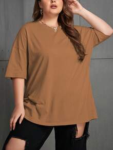 EMERY ROSE Plus Size Women Solid Color Drop Shoulder Casual Loose Crew Neck T-Shirt - Brown - View 5