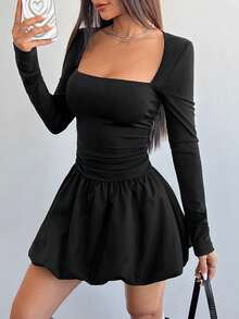 SHEIN Teen Girl Casual Daily Square Neck Hollow-Out Dress With Peplum Hem, Suitable For Parties And Outings - Black - View 5