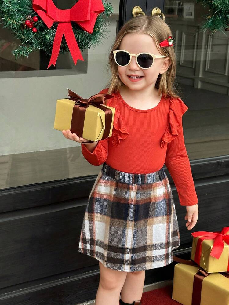 2pcs/Set Young Girl Christmas Ruffle Trim Top And Plaid Skirt Set