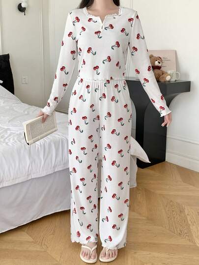SHEIN 2pcs/Set Teen Girl Korean Style Minimalist Cute Cherry Print Square Neck Lace Trim Button Decor Long Sleeve T-Shirt And Flounce Hem Lounge Pants Pajama Set, Suitable For Daily Wear, Events, Family Gatherings Pajama Xs 2 Piece Pj Set Cute Pj Set Cute Pajama Set