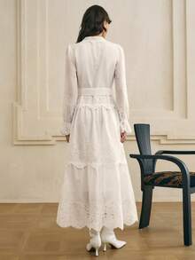Cévolie 白色立领系带镂空刺绣长袖连衣裙 - 白色 - 查看 2