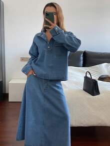 Livesso Women's Casual Denim Jacket And Skirt Set, Autumn - Blue - View 6