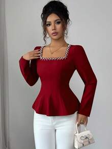 Elenzga Women's Solid Color Square Collar Pearl Decor Waist Cinched Long Sleeve Blouse, Autumn - Burgundy - View 4