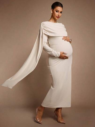 MaterniChic 孕妇纯色圆领褶饰系带设计修身优雅连衣裙