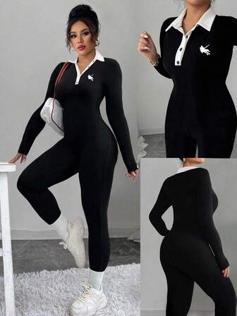 Gloray Plusstorlek Broderad Färgblocks-polokrage Långärmad Jumpsuit, Dam, Hösttyg