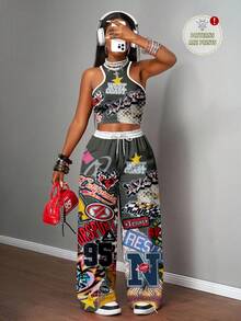 Slaydiva 2 件套大码女式休闲街头风格涂鸦字母和十字印花短款上衣和宽松裤子套装，适合街头穿着 - 彩色 - 查看 3