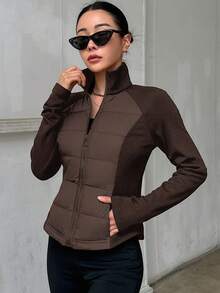 DAZY Áo khoác đệm dáng ôm, cổ đứng, vải chắp vá, tay dài, hở phía trước, thường ngày cho nữ - màu nâu - Xem 2