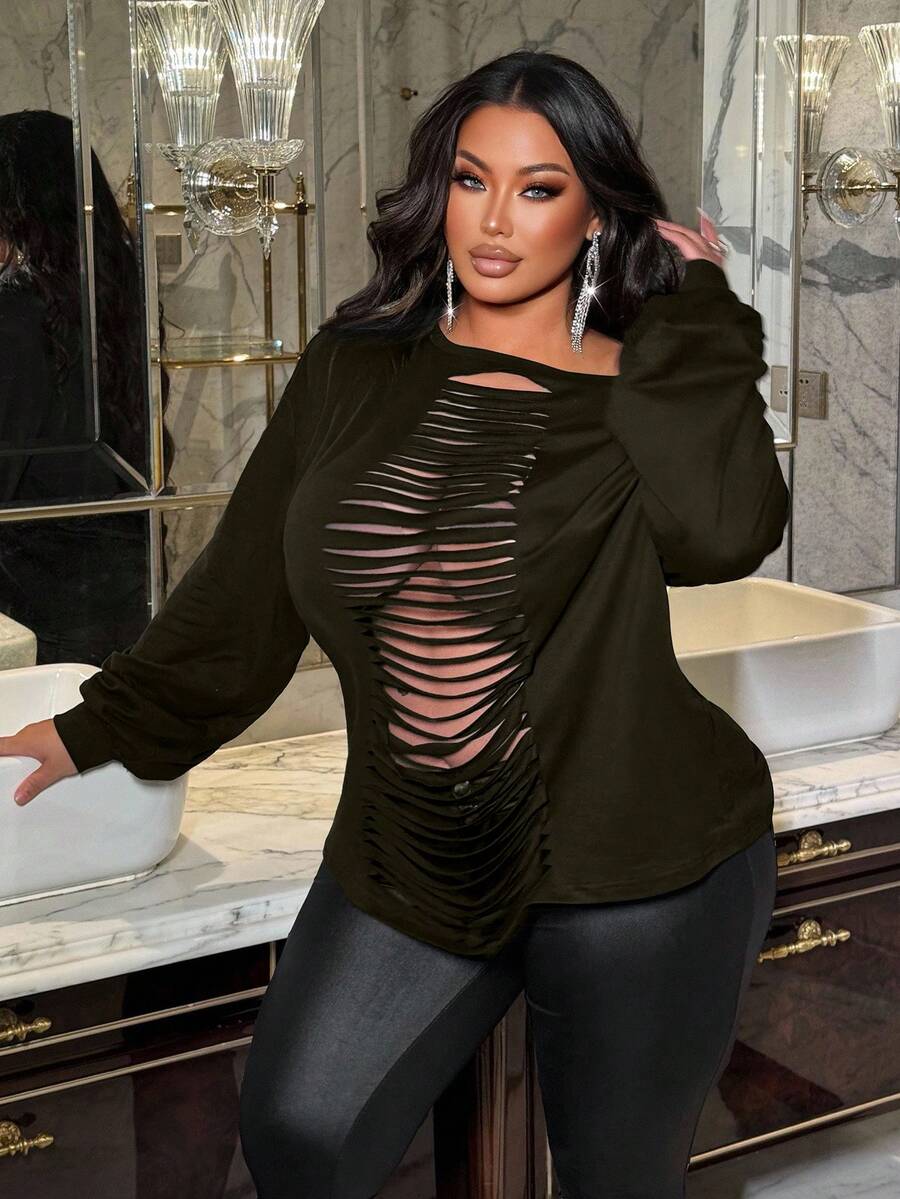 NU&NOW Camiseta Sexy de Manga Longa Rasgada de Cor Sólida para Mulheres Plus Size - Verde Oliva - Visão 1