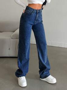 EURMUSE 100%Cotton Straight Leg Jeans Snow Wash - Royal Blue - View 5