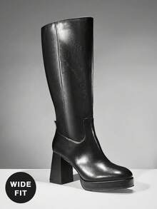 SHUZIA 女式宽筒日常休闲舒适圆头粗跟及膝靴 - 黑色 - 查看 4