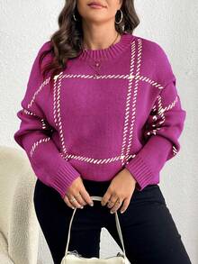 Elenzga Plus Size Casual Plaid Drop Shoulder Loose Knit Sweater, Autumn/Winter - Red Violet - View 1
