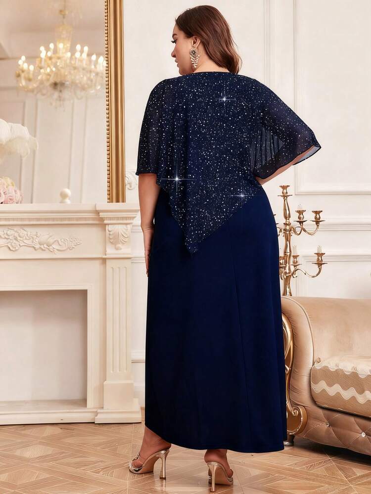 Modelyn Vestido largo de noche de talla grande con capa de lámina de plata para mujer - Azul Marino - Añade 2